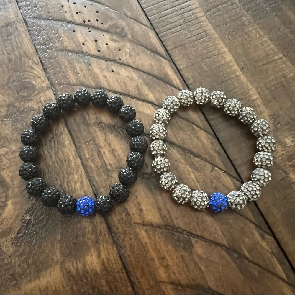 Sparkly Beaded Back the Blue Black Gray Blue Bracelet Set (2)